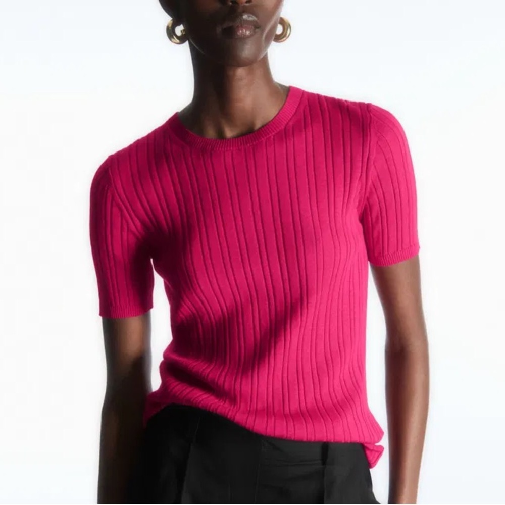 COS Women's Ribbed Knit Silk T-Shirt Top Fuschia Hot Pink Size XS
